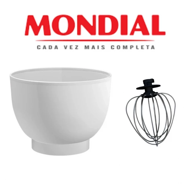Tigela e Batedor para Batedeira Planetária Mondial - BRANCA 700w 4,5l Bp-01-02 -03-b Original