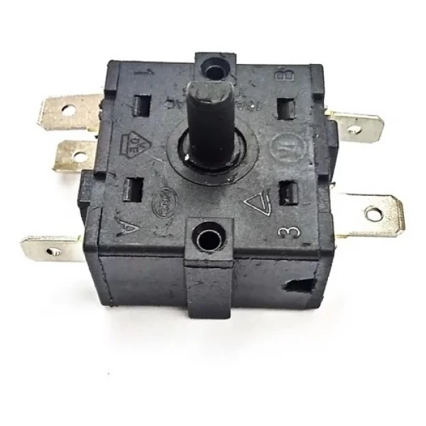 Interruptor rotativo de 4 posições para aquecedor de ambiente tipo vento quente. 2 terminais de um lado e 3 terminais do outro lado.