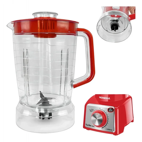 Copo Para O Liquidificador Mondial L1000 / Turbo Inox L1200 W Cristal Tampa Vermelha
