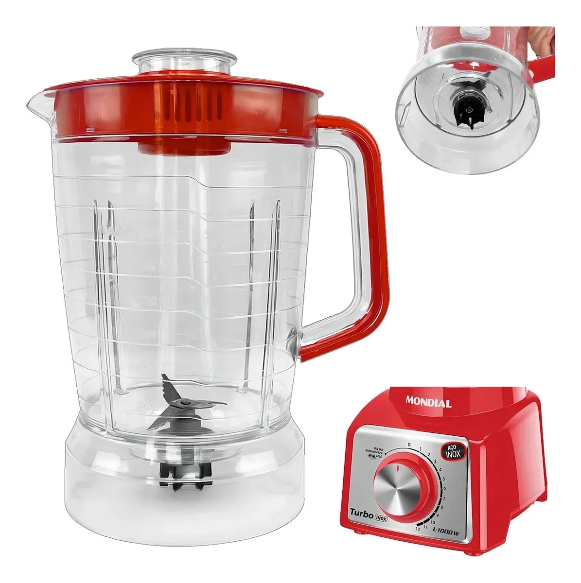 Copo Para O Liquidificador Mondial L1000 / Turbo Inox L1200 W Cristal Tampa Vermelha
